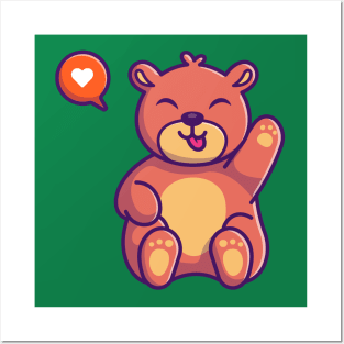 Cute Teddy Bear Waving Hand Cartoon Posters and Art